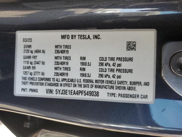 5YJ3E1EA4PF549038 - 2023 TESLA MODEL 3 GRAY photo 12