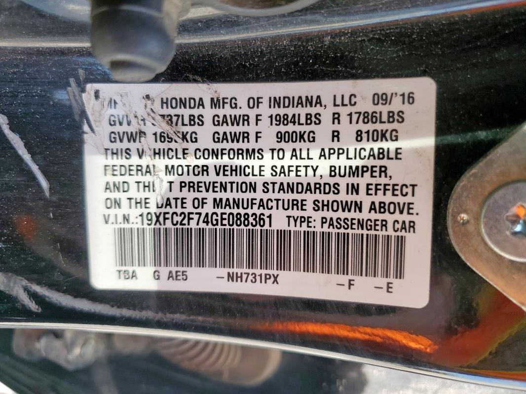 19XFC2F74GE088361 - 2016 HONDA CIVIC EX BLACK photo 12
