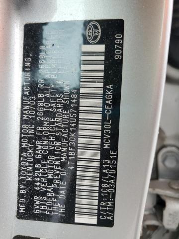 4T1BF30K14U571484 - 2004 TOYOTA CAMRY LE SILVER photo 12