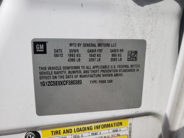 1G1ZC5E0XCF386389 - 2012 CHEVROLET MALIBU 1LT WHITE photo 12