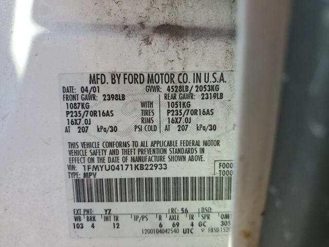 1FMYU04171KB22933 - 2001 FORD ESCAPE XLT თეთრი ფოტო 14