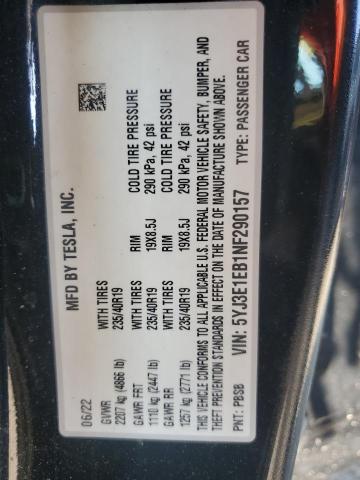 5YJ3E1EB1NF290157 - 2022 TESLA MODEL 3 BLACK photo 12