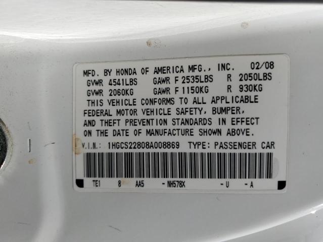 1HGCS22808A008869 - 2008 HONDA ACCORD EXL WHITE photo 12
