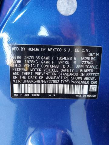 3HGGK5H87FM727952 - 2015 HONDA FIT EX 蓝色 照片 12