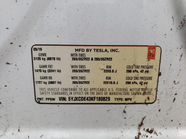5YJXCDE43KF180829 - 2019 TESLA MODEL X Blanc photo 13
