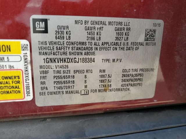 1GNKVHKDXGJ188384 - 2016 CHEVROLET TRAVERSE LT 勃艮第红 照片 13