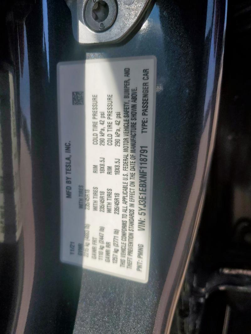 5YJ3E1EBXNF118791 - 2022 TESLA MODEL 3 ნაცრისფერი ფოტო 12