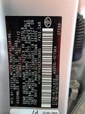 4T4BF1FKXCR236885 - 2012 TOYOTA CAMRY BASE SILVER photo 12