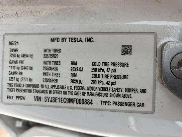 5YJ3E1EC9MF000884 - 2021 TESLA MODEL 3 WHITE photo 12