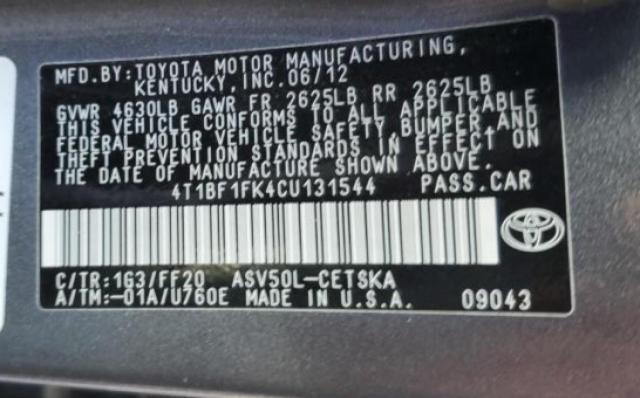 4T1BF1FK4CU131544 - 2012 TOYOTA CAMRY BASE CHARCOAL photo 12