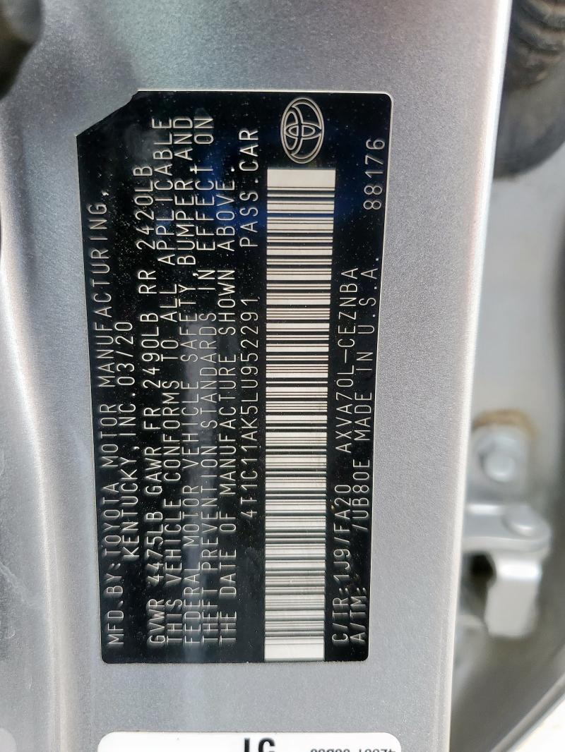 4T1C11AK5LU952291 - 2020 TOYOTA CAMRY LE SILVER photo 12