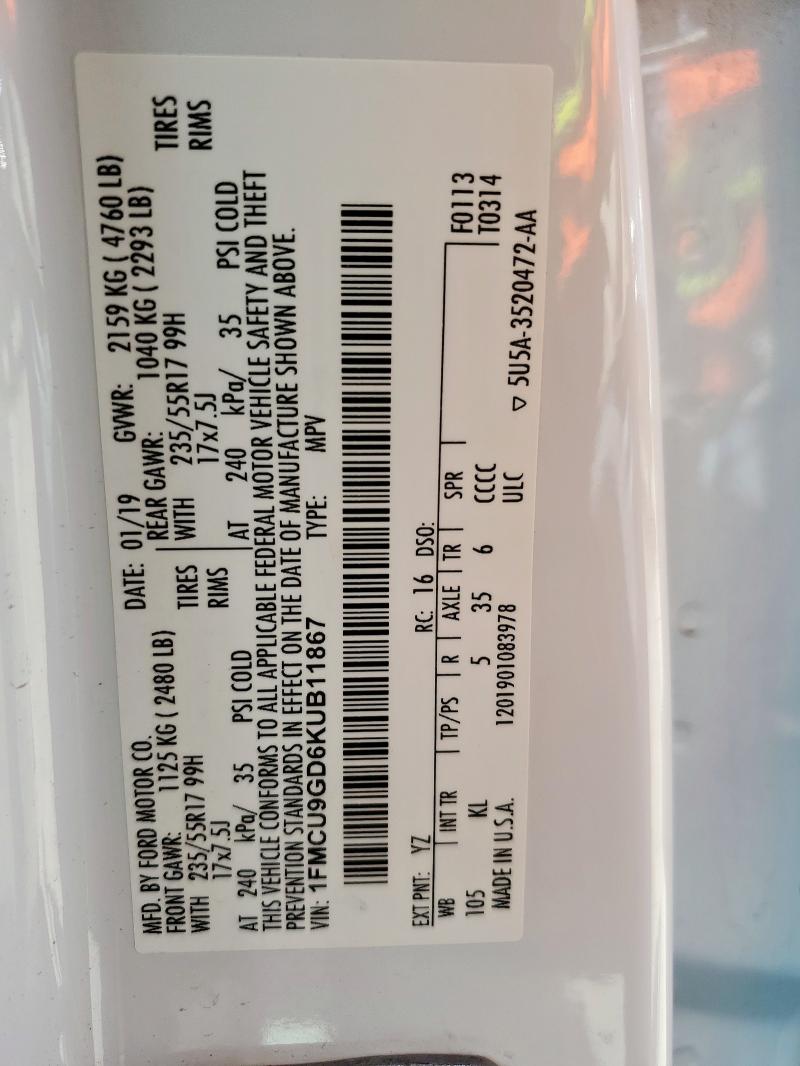 1FMCU9GD6KUB11867 - 2019 FORD ESCAPE SE Սպիտակ լուսանկար 13