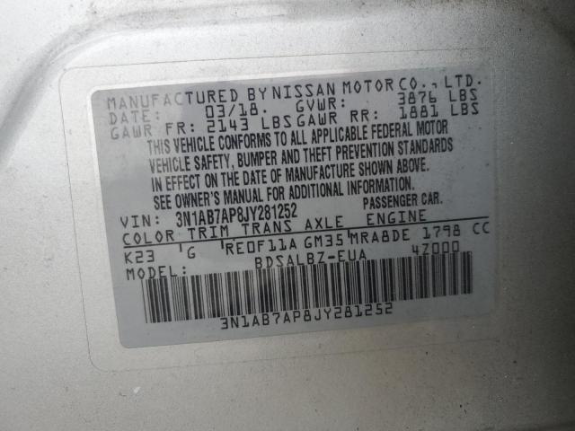 3N1AB7AP8JY281252 - 2018 NISSAN SENTRA S SILVER photo 12