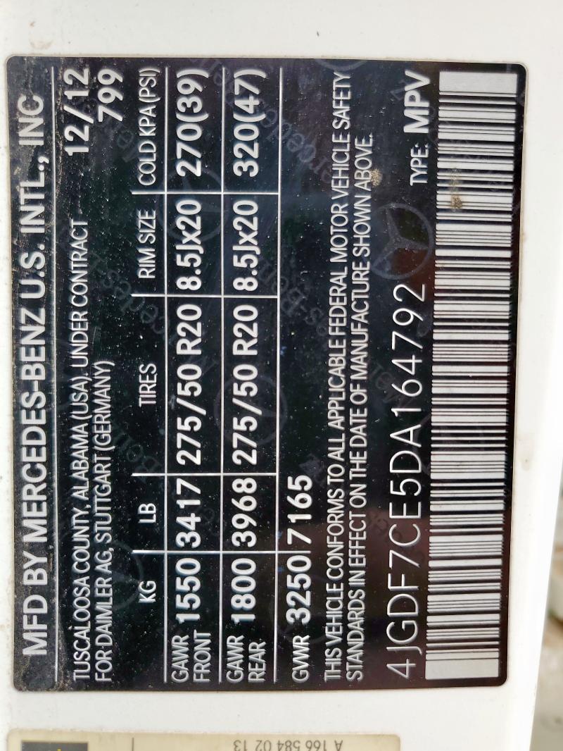 4JGDF7CE5DA164792 - 2013 MERCEDES-BENZ GL 450 4MATIC WHITE photo 13