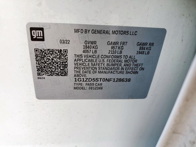 1G1ZD5ST0NF128638 - 2022 CHEVROLET MALIBU LT WHITE photo 12