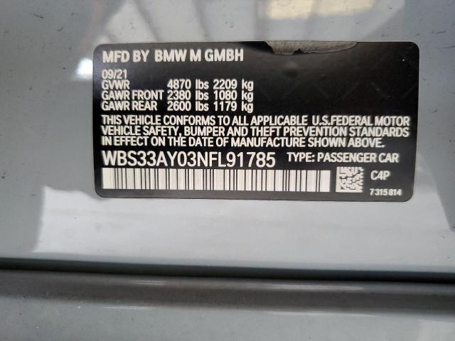 WBS33AY03NFL91785 - 2022 BMW M3 COMPETITION GRAY photo 13