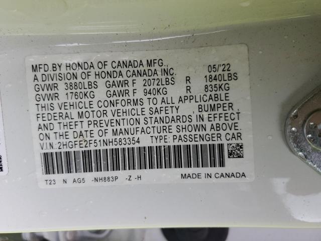 2HGFE2F51NH583354 - 2022 HONDA CIVIC SPORT 白色 照片 12