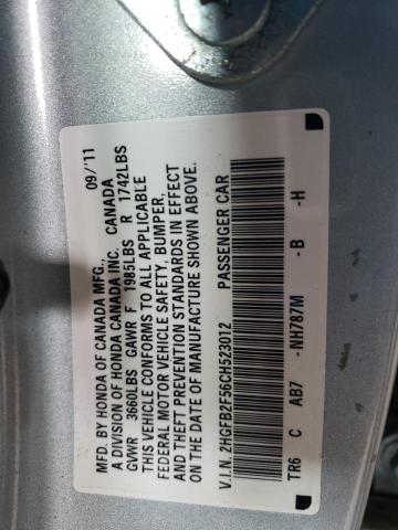 2HGFB2F56CH523012 - 2012 HONDA CIVIC LX SILVER photo 12