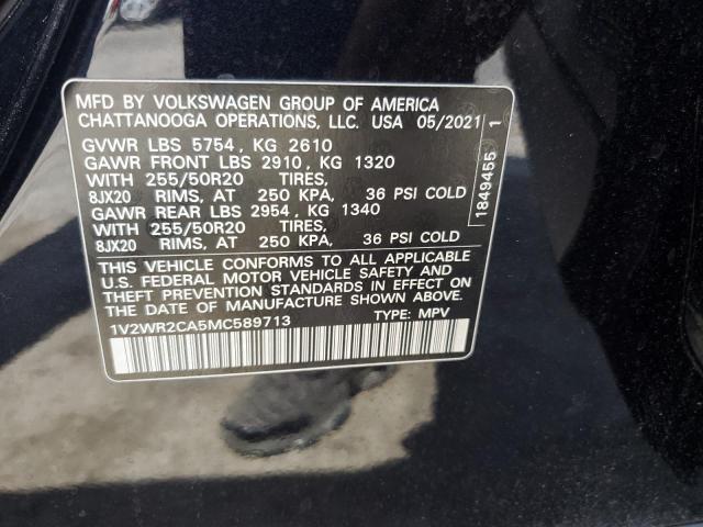 1V2WR2CA5MC589713 - 2021 VOLKSWAGEN ATLAS SE Siyah fotoğraf 13