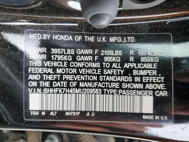 SHHFK7H45MU209583 - 2021 HONDA CIVIC SPORT 黑色 照片 12