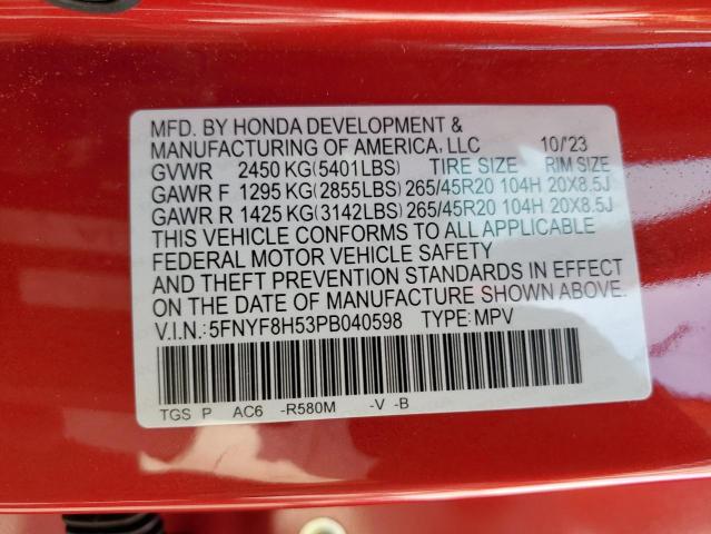 5FNYF8H53PB040598 - 2023 HONDA PASSPORT EXL RED photo 13