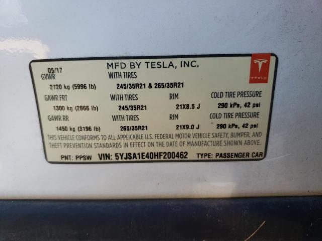 5YJSA1E40HF200462 - 2017 TESLA MODEL S თეთრი ფოტო 12