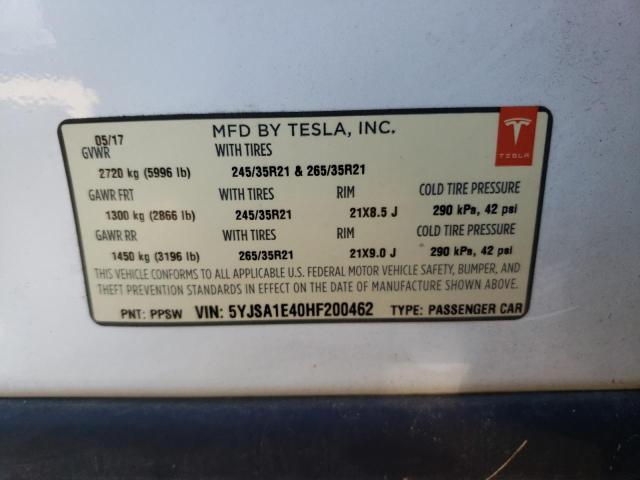 5YJSA1E40HF200462 - 2017 TESLA MODEL S WHITE photo 12