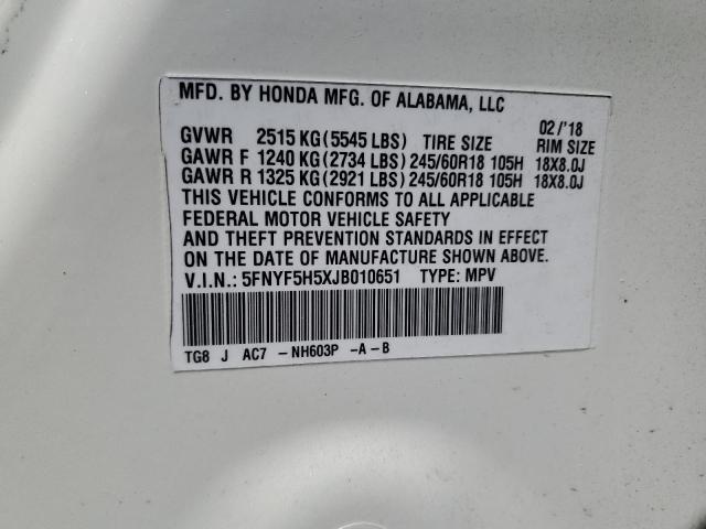 5FNYF5H5XJB010651 - 2018 HONDA PILOT EXL Ağ foto 13