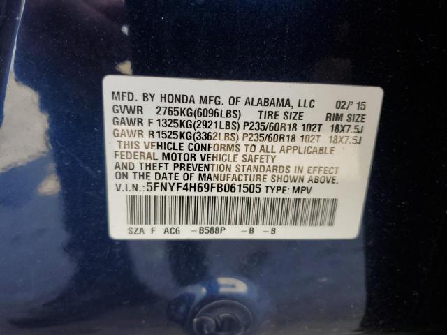 5FNYF4H69FB061505 - 2015 HONDA PILOT EXL BLUE photo 13