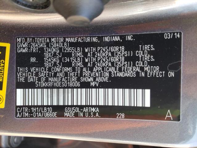 5TDKKRFH0ES018006 - 2014 TOYOTA HIGHLANDER XLE GRAY photo 13