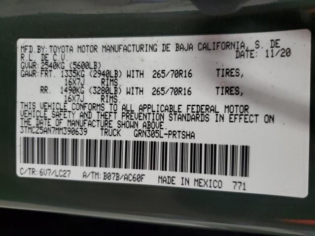 3TMCZ5AN7MM390639 - 2021 TOYOTA TACOMA DOUBLE CAB 绿色 照片 12