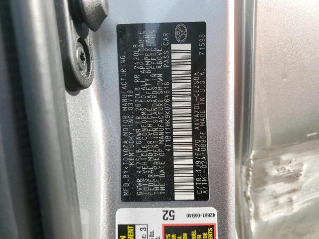 4T1B11HK9KU764616 - 2019 TOYOTA CAMRY L SILVER photo 12