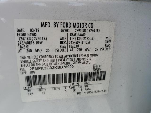2FMPK3G92KBB78990 - 2019 FORD EDGE SE WHITE photo 13