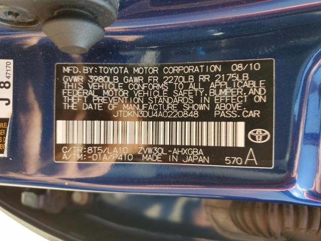 JTDKN3DU4A0220848 - 2010 TOYOTA PRIUS BLUE photo 12