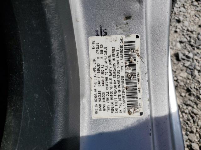 SHHEP33692U309259 - 2002 HONDA CIVIC SI SILVER photo 12