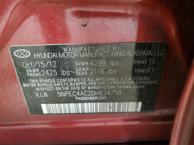 5NPEC4AC2DH624758 - 2013 HYUNDAI SONATA SE 勃艮第红 照片 12