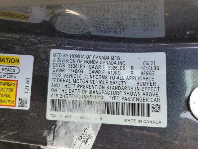 2HGFE2F24NH511814 - 2022 HONDA CIVIC LX CHARCOAL photo 12