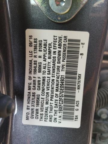 19XFC2F57GE094931 - 2016 HONDA CIVIC COUP LX GRAY photo 13