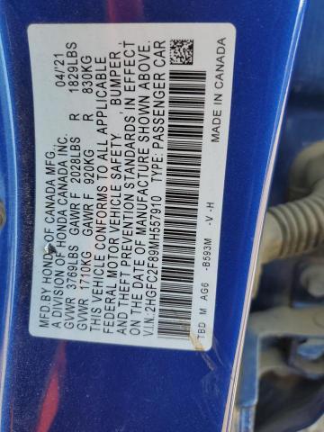 2HGFC2F89MH557910 - 2021 HONDA CIVIC SPORT Mavi foto 12