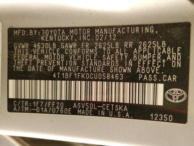 4T1BF1FK0CU058463 - 2012 TOYOTA CAMRY BASE ვერცხლისფერი ფოტო 12