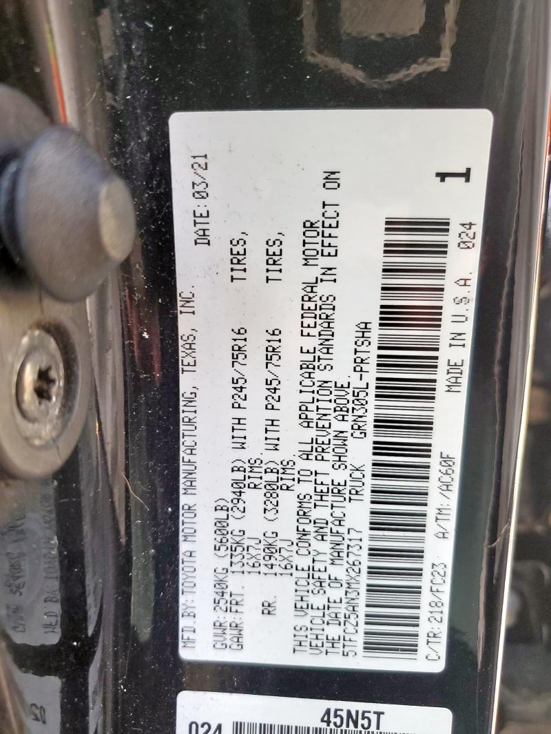 5TFCZ5AN3MX267317 - 2021 TOYOTA TACOMA DOUBLE CAB BLACK photo 12