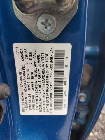 2HGFB2F83FH505453 - 2015 HONDA CIVIC EX BLUE photo 12