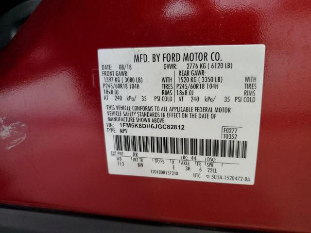 1FM5K8DH6JGC82812 - 2018 FORD EXPLORER XLT წითელი ფოტო 13