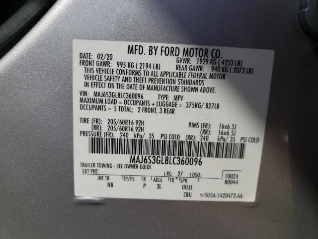 MAJ6S3GL8LC360096 - 2020 FORD ECOSPORT SE ვერცხლისფერი ფოტო 13