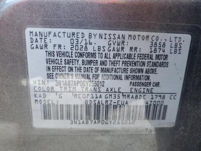 3N1AB7AP0GY255012 - 2016 NISSAN SENTRA S 灰色 照片 12