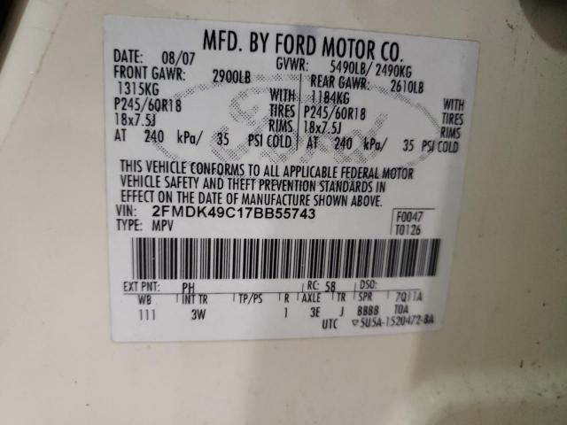 2FMDK49C17BB55743 - 2007 FORD EDGE SEL PLUS WHITE photo 13