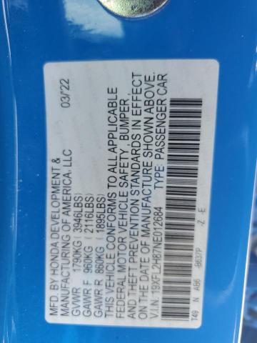 19XFL2H87NE012684 - 2022 HONDA CIVIC SPORT BLUE photo 12