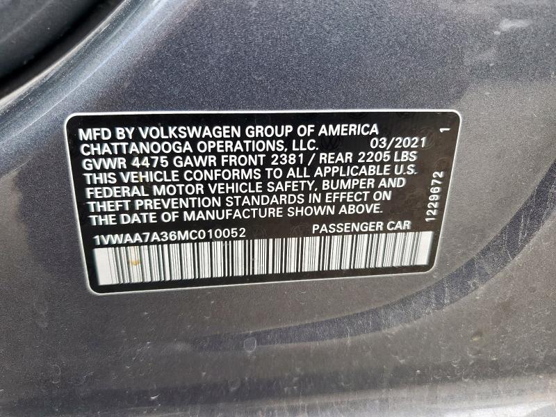 1VWAA7A36MC010052 - 2021 VOLKSWAGEN PASSAT S Մոխրագույն լուսանկար 12