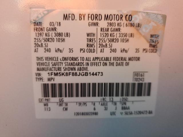 1FM5K8F88JGB14473 - 2018 FORD EXPLORER LIMITED თეთრი ფოტო 13