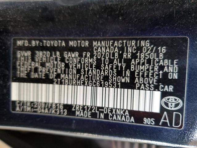 2T1BURHEXGC619531 - 2016 TOYOTA COROLLA L BLACK photo 12